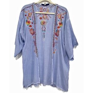 Blue Rain Open Front Boxy Chambray Kimono w Floral Details Sz L